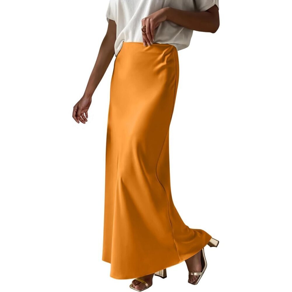 Women Orange Maxi Dressy Casual Zipped High Waisted Silk Elegant Long Skirt